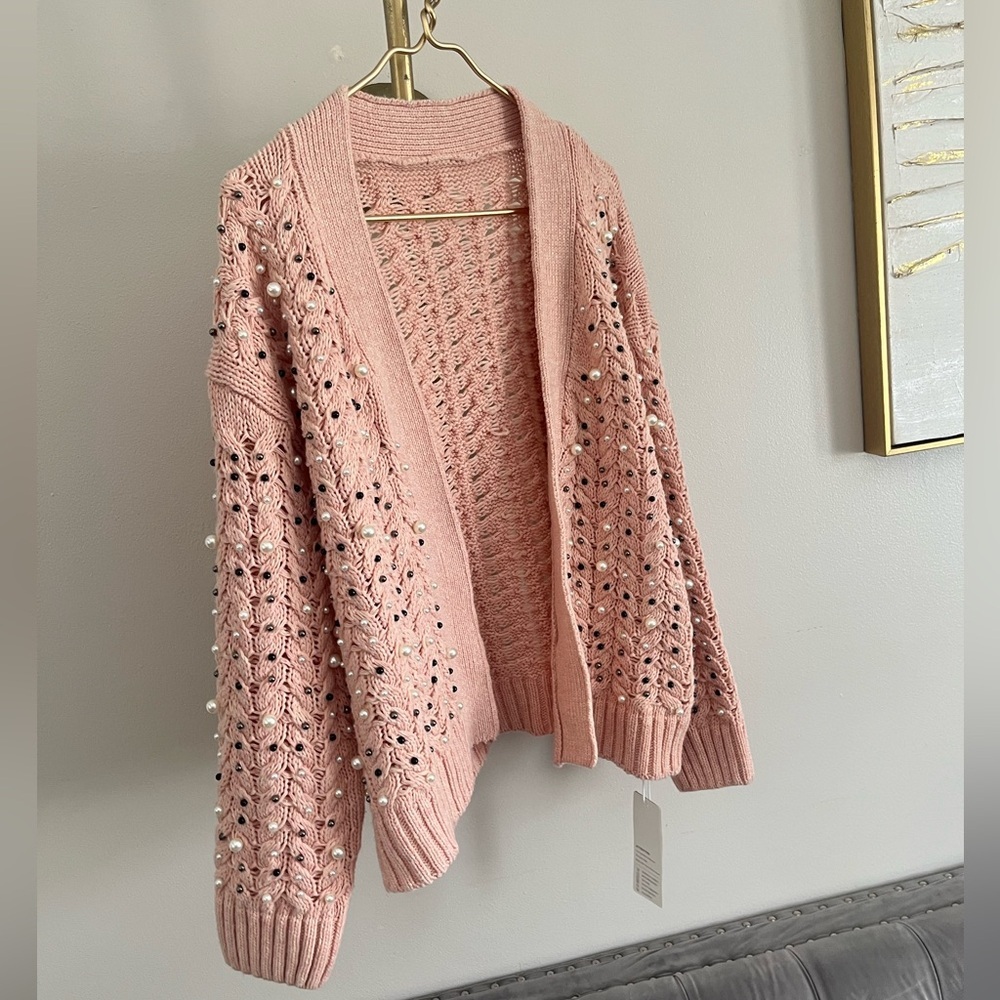 Tendency NWT Pastel Pink feminine  Pearl-Embellished Cardigan S oversized